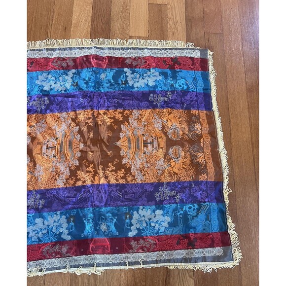 Vintage Chinese Silk Embroidered Tapestry 36" Square Pagoda Dragon Lion Dance - Picture 10 of 11